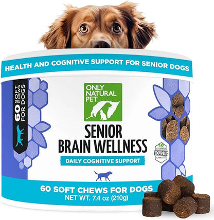 ONLY NATURAL PET Senior Brain Wellness Dog Chews - Small, Medium & Large Breeds, Toothless & Geriatric Dogs, Soft Chicken & Bacon Flavor Snacks, Baked Treats - 60 Count