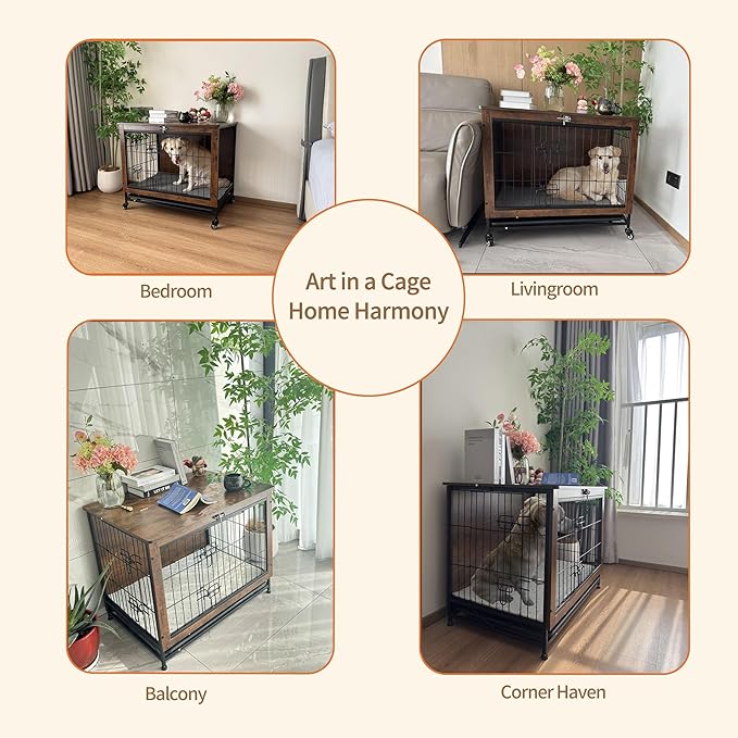 Dog Crate Furniture for Medium Dogs, Decorative Wooden Dog Kennel Cage House Indoor for Puppy Pet with Tray Cushion Foldable Top, Storage Playpen, End Side Table, Medium,31" L,Rustic Brown