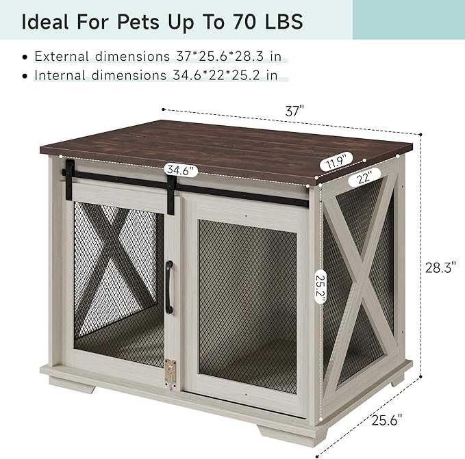 GAOMON 37'' Sliding Barn Door Dog Crate Furniture with Flip Top and Movable Divider, Wooden Dog Crate Table, Dog Kennel Side End Table, White