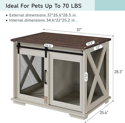 GAOMON 37'' Sliding Barn Door Dog Crate Furniture with Flip Top and Movable Divider, Wooden Dog Crate Table, Dog Kennel Side End Table, White