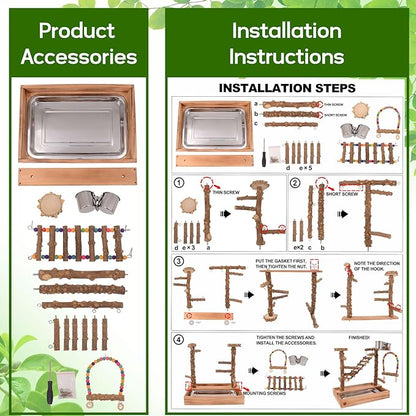 Bird Playground, Bird Perch Play Stand, Conure Parakeets Parrots Cockatiel Toys, for Bird Cage Accessories, Natural Wood