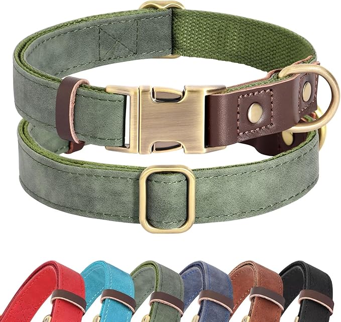 Didog Soft Padded Leather Dog Collar for Large Dogs, Classic Heavy Duty Dog Collars with Quick Release Metal Buckle, Adjustable Large Dog Collar Leather,Green,L