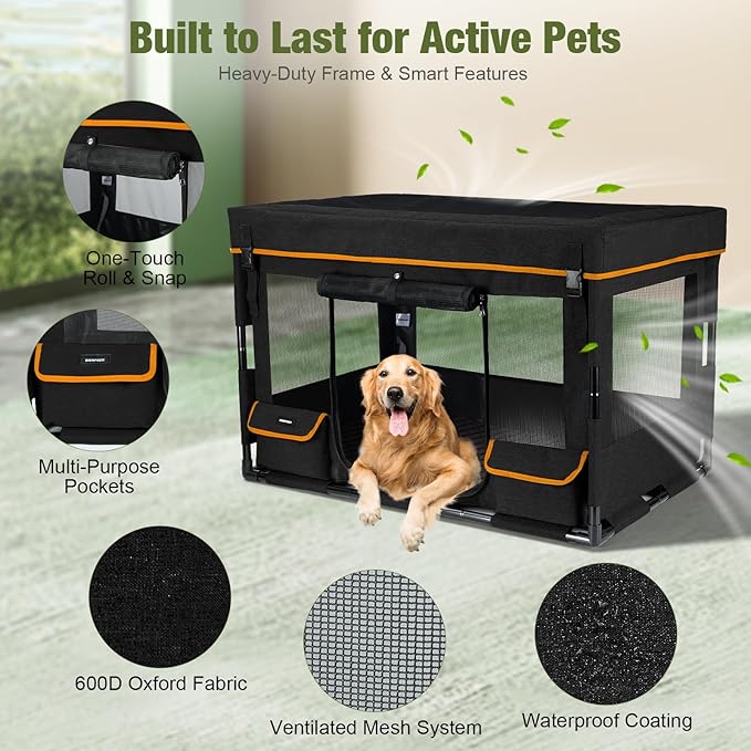 Durable Dog Playpen with Iron Frame, Heavy-Duty Pet Tent with Waterproof Base & Mesh Sides for Indoor Outdoor Use, Black