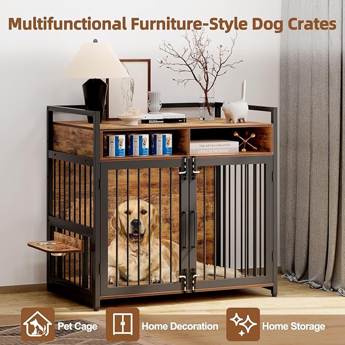 Dog Crate Furniture, 48 Inch Wooden Dog Cage with 2 Drawers, 360° & Adjustable Raised Feeder, Furniture Dog Crate for Medium-Large Dog Indoor