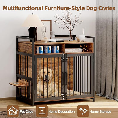 Dog Crate Furniture, 48 Inch Wooden Dog Cage with 2 Drawers, 360° & Adjustable Raised Feeder, Furniture Dog Crate for Medium-Large Dog Indoor