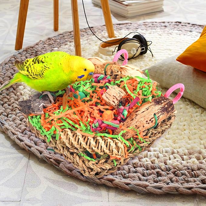KATUMO Bird Toys, Parakeet Grass Mat Foraging Toy Parrot Shredding Hanging for Cockatiel Lovebird Parakeet Budgie Small-Medium Birds