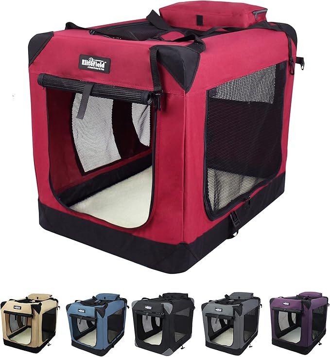 EliteField 3-Door Folding Soft Dog Crate with Carrying Bag and Fleece Bed (2 Year Warranty), Indoor & Outdoor Pet Home (20" L x 14" W x 14" H, Maroon)