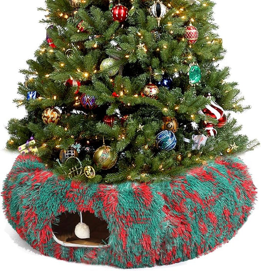 LUCKITTY Christmas Warm Fluffy Plush Cat Dog Tunnel Bed with Washable Cushion- Big Tube Playground Toys 3 FT Diameter Collapsible, for Indoor Cat Kitty Kitten Puppy Rabbit Ferret, Green-Red