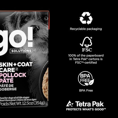 Go! Solutions Skin + Coat Care, Wet Dog Food, Pollock Pâté with Grains Sensitive Skin, 12.5 oz