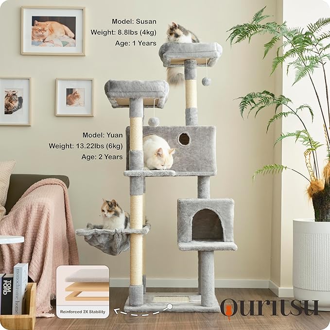 Ouritsu Cat Tree, 57 inch Cat Tower for Large Cat Indoor, 2 Top Perches with 1 Widened, 2 Condos with 1 Enlarged, Steel Frame Hammock, Scratching Posts and Scratching Pad, Light Gray, LF003GA