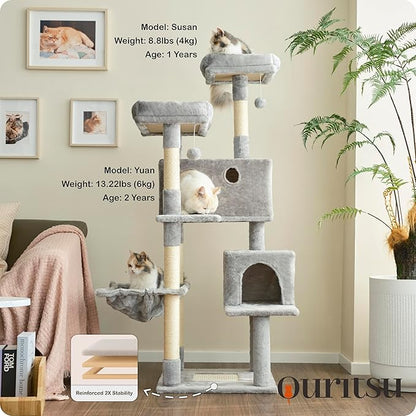 Ouritsu Cat Tree, 57 inch Cat Tower for Large Cat Indoor, 2 Top Perches with 1 Widened, 2 Condos with 1 Enlarged, Steel Frame Hammock, Scratching Posts and Scratching Pad, Light Gray, LF003GA
