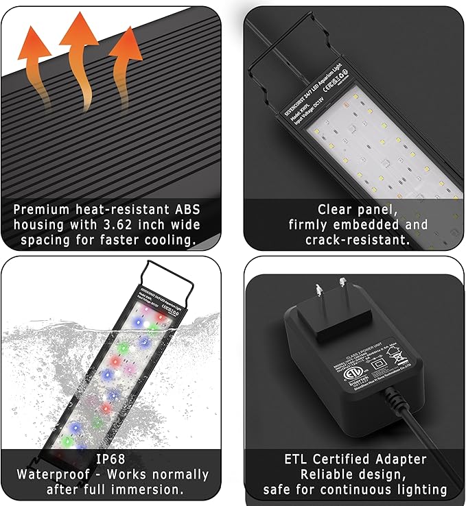 LED Aquarium Light, 24/7 Mode IP68 for Plants-Full Spectrum Fish Tank Light, 36-45 Inch, Sunrise-Daylight-Moonlight, White Blue Red Green Pink LEDs with Extendable Brackets for Freshwater