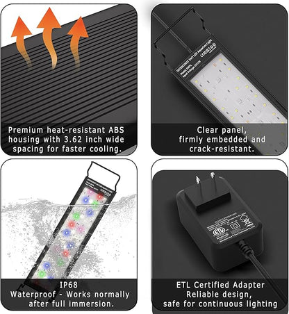LED Aquarium Light, 24/7 Mode IP68 for Plants-Full Spectrum Fish Tank Light, 30-36 Inch, Sunrise-Daylight-Moonlight, White Blue Red Green Pink LEDs with Extendable Brackets for Freshwater