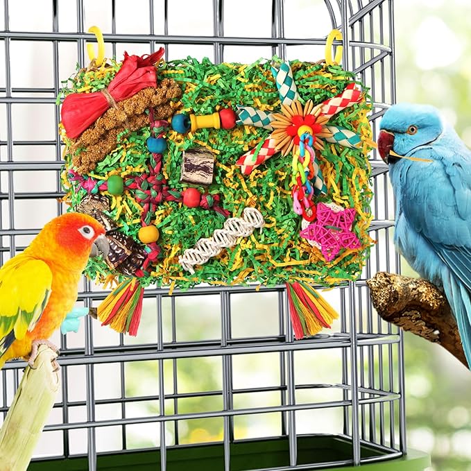 Bird Toys Parakeet Toys,Large-Sized Parrot Foraging & Shredding Cage Hanging Toys with Seagrass Mat for Budgies,Cockatiels,Lovebirds,Conures Small & Medium Parrots (Colorful with Starfruit (1PCS))