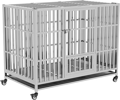 37" 42" 48" Heavy Duty Dog cage Stainless Steel Metal Kennel and Crate, Collapsible for Medium to Large Dogs, Easy to Assemble pet Pen with Four Lockable Wheels, Black Tray (48in)