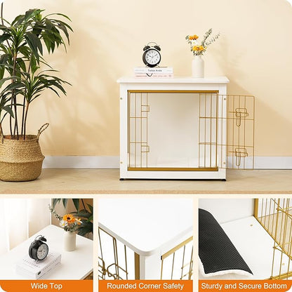DWANTON Dog Crate Furniture with Cushion, Wooden Dog Crate with Double Doors, Dog Furniture, Dog Kennel Indoor for Small/Medium/Large Dogï¼_nd Table, Small, 27.2" L, White