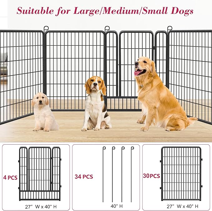 Dog Playpen 40 inch Dog Fence for Outdoor Indoor Use Heavy Duty Metal Dog Pen for Large Dogs, Rustproof Pet Playpen Portable Pet Fence Outdoor for Yard, RV Camping, Customizable, 34 Panels