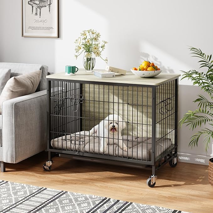 Dog Crate Furniture, 32.5" Wooden Dog Crate with Double Doors & Wheels, Upgraded Kennel End Table, Indoor Cage for Small/Medium/Large Dog, Rustic Grey