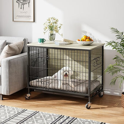 Dog Crate Furniture, 38.6" L Indoor Kennel with Double Doors, Wheels & Removable Tray, Sturdy Dog Cage with Easy Assembly, Rustic Grey