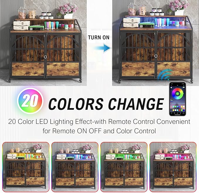 44 Inch Heavy Duty Dog Crate Furniture with 3 Doors, Dog Kennel with 360° Stainless Steel Bowls, Lockable Wheels, Wood Dog Cage End Table with Led Light, Pet Crate Dog Cage for Large/Medium/Small Dogs