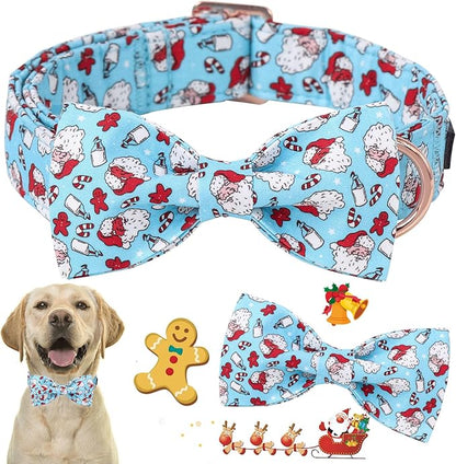 ARING PET Christmas Dog Collar-Cotton Blue Santa Claus Dog Collar with Bow, Adjustable Christmas Bowtie Dog Collars Pet Necklace with Metal Buckle for Girl&Boy Dogs