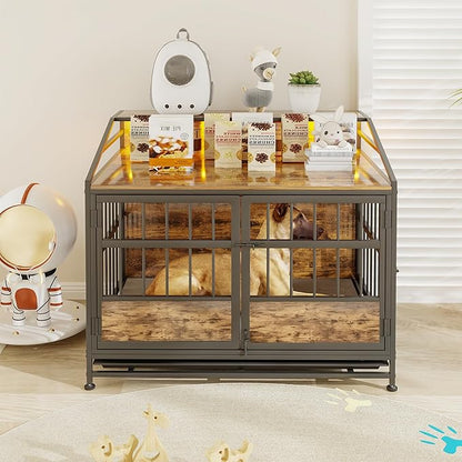 Ball & Cast 24" Multi-Function Dog Crate Furniture with Storage,3-Door Access Wooden Kennel for 26-40 lbs Dogs,Double Doors with Pull-Out Tray,Waterproof Indoor Pet House,Easy Assembly,Black Brown
