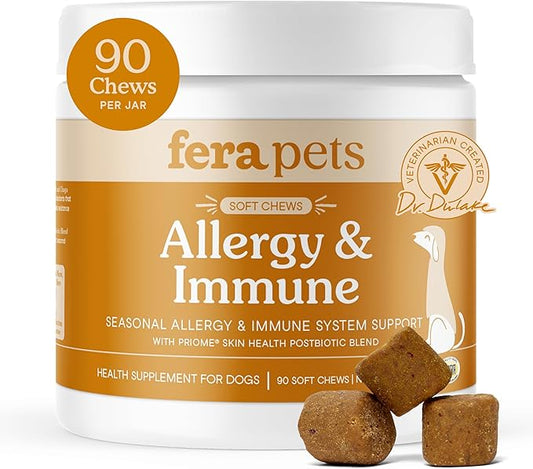 Fera Pets Dog Allergy Chews  Allergy Relief & Itching Skin Relief  Immune & Gut Support with Organic Mushrooms, Postbiotics & Colostrum  Promotes Skin Health  90 Soft Chews