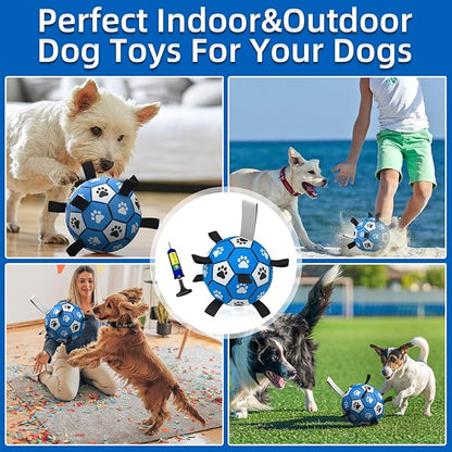 QDAN Dog Ropes Toys Soccer Ball with Straps, Interactive Dog Toys for Tug of War, Puppy Birthday Gifts, Dog Tug Toy, Dog Water Toy, Durable Dog Balls for Small & Medium Dogs-Blue&Grey（6 Inch）