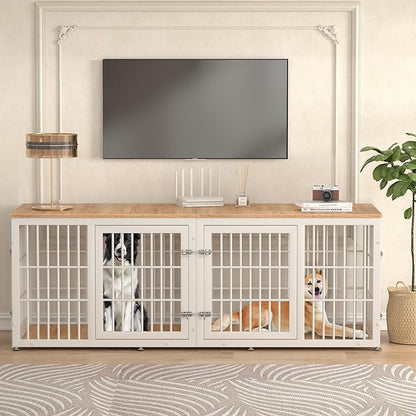 78 Inch Double Dog Crate Furniture, Heavy Duty Extra Large Cage Furniture with Divider for 2 Dogs, Decorative Wooden Kennel Indoor, Pet House for Large and Medium Dogs, White
