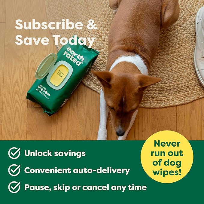 Earth Rated Pet Grooming Wipes for Dogs and Cats, Hypoallergenic, Cleaning and Hydrating, for Paws, Body and Butt, Unscented, 100 Count