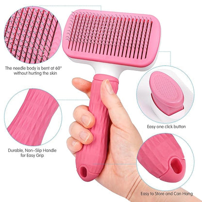 Dog & Cat Brush, Self Cleaning Slicker Brush for Pets, Upgraded Dog Brush for Shedding Massaging and Grooming, Removes Loose Undercoat & Portable Comb for Long Short Haired Dogs(Pink)