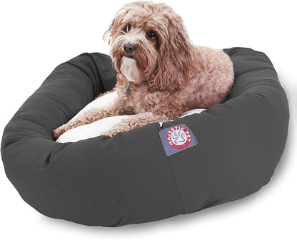 Majestic Pet 32 Inch Poly-Cotton Sherpa Calming Round Dog Bed - Washable, Soft, with Head Support - Fluffy Donut Design, Gray (32x23x7 Inch) - Medium