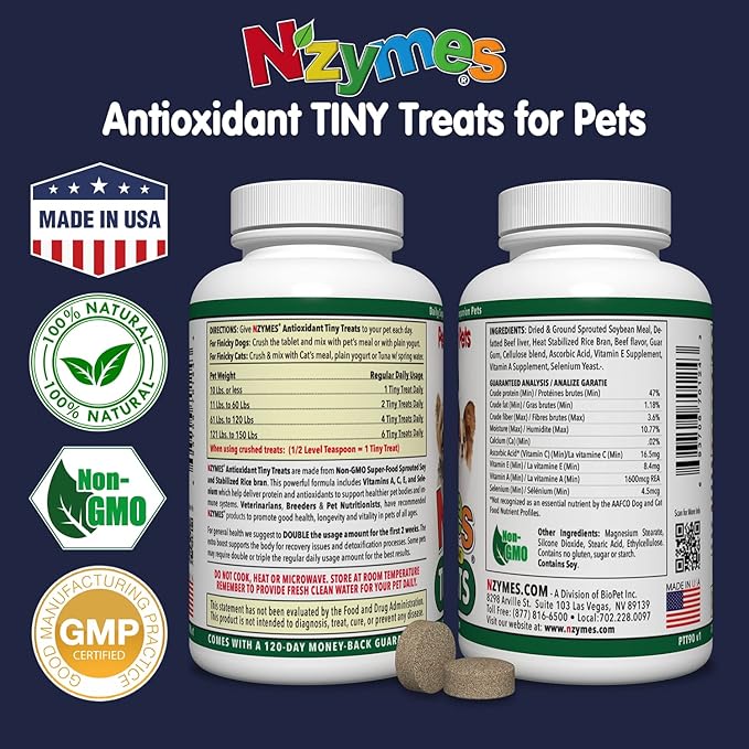 Nzymes® Antioxidant Tiny Treats - for Dogs Joints, HIPS, Paralysis, Skin, Coat, Hair Loss, Aging, Digestion, Seizures - Dog Treats for Small Dogs - 90 Treats - Made in The USA