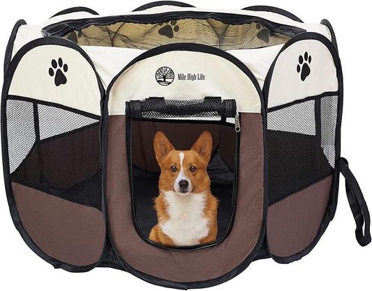Mile High Life | Foldable Dog Playpen | Portable Dog Crate w Removable Shade Cover | Dog Kennel Indoor/Outdoor w Carry Case | Pen Tent for Dog/Cat/Rabbit(Brown, Small (29"x29"x17"))