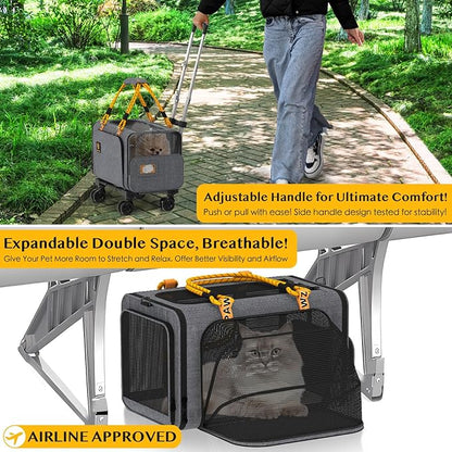 PAWZIDEA Pet Carrier with Wheels 18X11X11 TSA Airline Approved Cat Carrier for 2 Cats Rolling Dog Carrier Under Seat Rolling Cat Carrier Travel Bag with Telescopic Handle, Shoulder Strap as Dog Leash