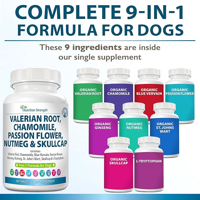 9-in-1 Valerian Root for Dogs 200mg Chamomile 160mg Blue Vervain 90mg Passion Flower 80mg Ginseng 60mg Nutmeg 55mg St John's Wort 50mg Skullcap L-Tryptophan for Dogs 120 Tablets