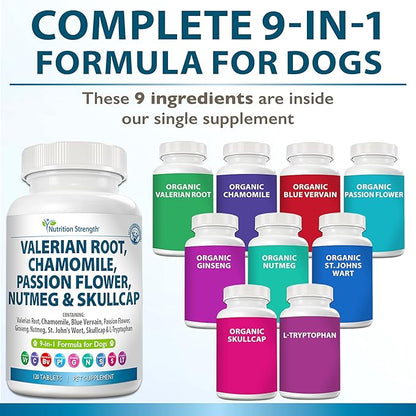 9-in-1 Valerian Root for Dogs 200mg Chamomile 160mg Blue Vervain 90mg Passion Flower 80mg Ginseng 60mg Nutmeg 55mg St John's Wort 50mg Skullcap L-Tryptophan for Dogs 120 Tablets