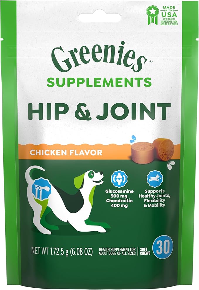 Greenies Supplements Hip and Joint Supplements for Dogs, Chicken Flavor, 6.08 oz. 30-Count