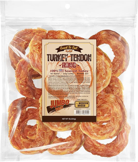 Gootoe Turkey Tendon Dog Treats, Ring (M) 1 lb, 100% USA Sourced Turkey, Natural Snack, Premium Puppy Chews, Hypoallergenic, Rawhide Free, Reseal Value Bag, Size for Medium Dogs