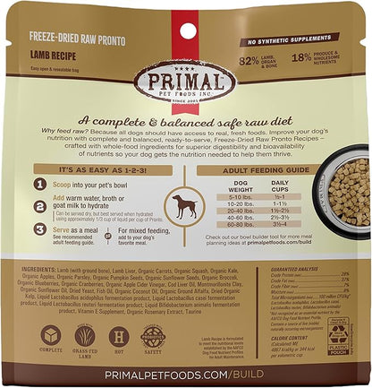 Primal Freeze Dried Dog Food Pronto, Lamb; Scoop & Serve, Complete & Balanced Meal; Also Use as Topper or Treat; Premium, Healthy, Grain Free, High Protein Raw Dog Food (16 oz, 2-Pack)