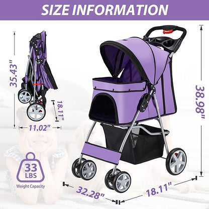 4 Wheels Pet Stroller for Small Medium Dogs Cats 33 lbs, Breathable Foldable Jogger Stroller with Storage Basket, Travel Puppy Stroller for All-Season, Move Pad & Protective Lock, Purple