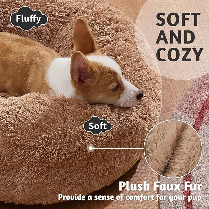 OhGeni Calming Donut Dog & Cat Bed Pillow, Machine Washable Plush Warming Bed, Anti-Slip Round Cuddle Comfort Pet Bed, Pillow Design Cozy Fluffy Faux Fur Bed for Small Medium Dogs, Ocher, 23 inches