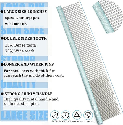 10inches Large Dog Metal Grooming Comb for Shedding Matted Hair for Large Dogs Metal Dog Comb with Long Wide Tooth for Poodles and Goldendoodles Reduce Tangles,Mats and Knots.(Blue)