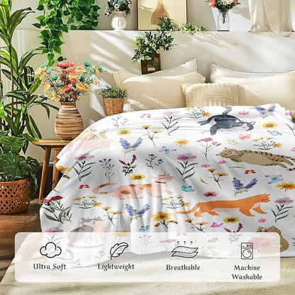 Floral Throw Blanket Birthday Gift for Women Mom Girls Kids Cat Lover Cat Flower Blanket Summer Wildflower Flannel Blanket Watercolor Printed Throw for Couch Sofa Bed Chair 50"x60"