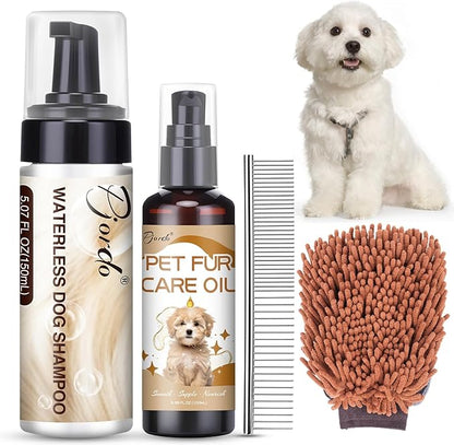Waterless Dog Shampoo No Rinse Foam, Dog Dry Shampoo, with Pet Fur Care Oil, Pet Sensitive Glove & Stainless Steel Pets Grooming Comb, Clean Quickly, Soothe & Moisturize