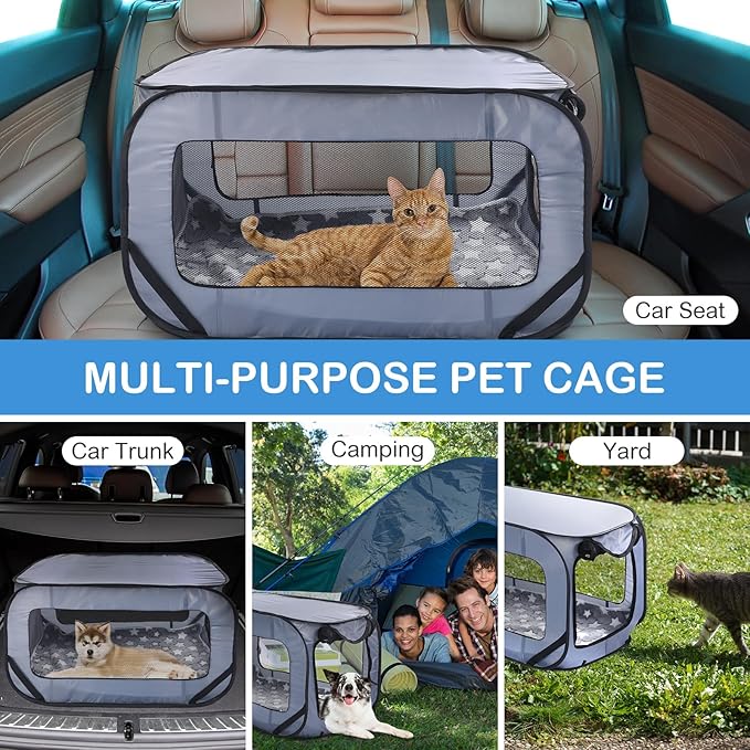 37 Inch Collapsible Dog Crate with Mat Liner Pop up Dog Kennel Waterproof Portable Car Seat Kennel Travel Crate for Pet Indoor Outdoor Cat Bed Collection(Gray)