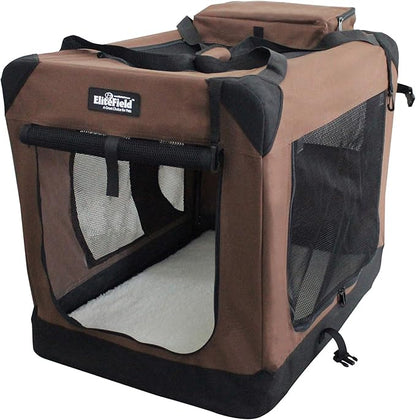 EliteField 3-Door Folding Soft Dog Crate with Carrying Bag and Fleece Bed (2 Year Warranty), Indoor & Outdoor Pet Home (42" L x 28" W x 32" H, Brown)