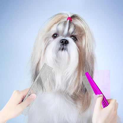 4 Pcs Pet Grooming Kit for Small Long and Short Haired Dogs, Cats & Puppies, Flea & Lice Comb, Tear Stain Remover, Fine-Toothed Comb for Knots, Crust & Mucus (Pink)