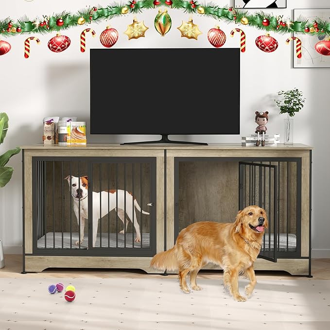 Rovibek 75 Inch Dog Crate Furniture for 2 Dogs, Wooden Dog Cage Furniture, Decorative Dog Kennels with Double Doors, Double Dog Kennel Furniture, Dog Crate TV Stand for Large Dogs, Grey
