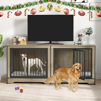 Rovibek 75 Inch Dog Crate Furniture for 2 Dogs, Wooden Dog Cage Furniture, Decorative Dog Kennels with Double Doors, Double Dog Kennel Furniture, Dog Crate TV Stand for Large Dogs, Grey